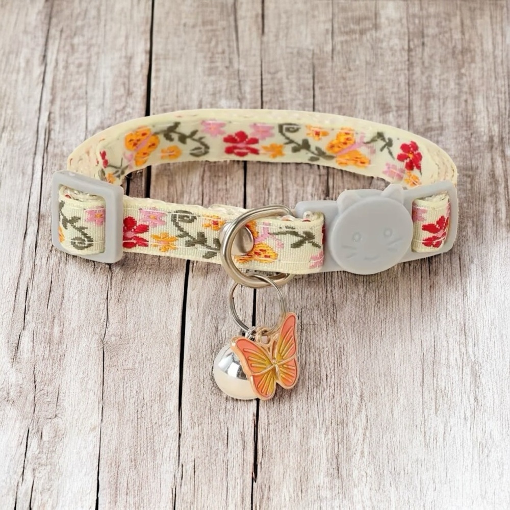 New! Nylon Embroidered Butterfly & Flower Design Pet Collar with Bell Charm